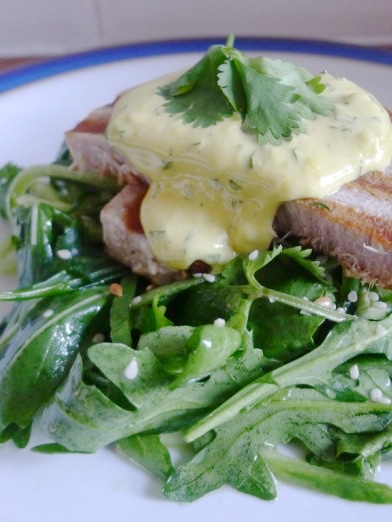 Tuna Steak with Rocket & Cucumber salad and Wasabi Herbed Mayonnaise