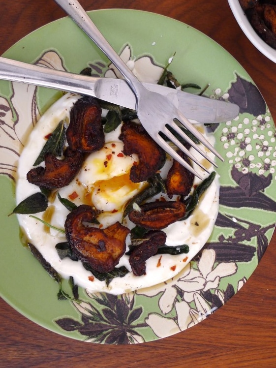 Sage topped Eggs & Yoghurt, with Shiitake Bacon