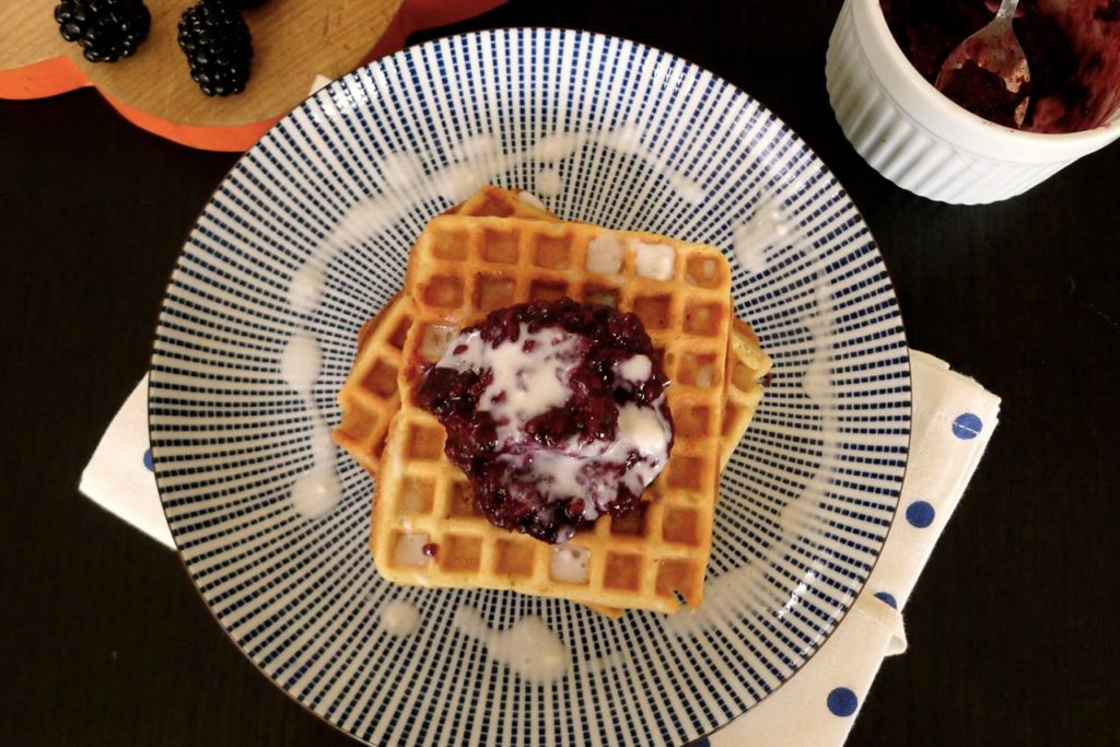 Against All Grain Waffles with Blueberry Jam and Coconut Milk