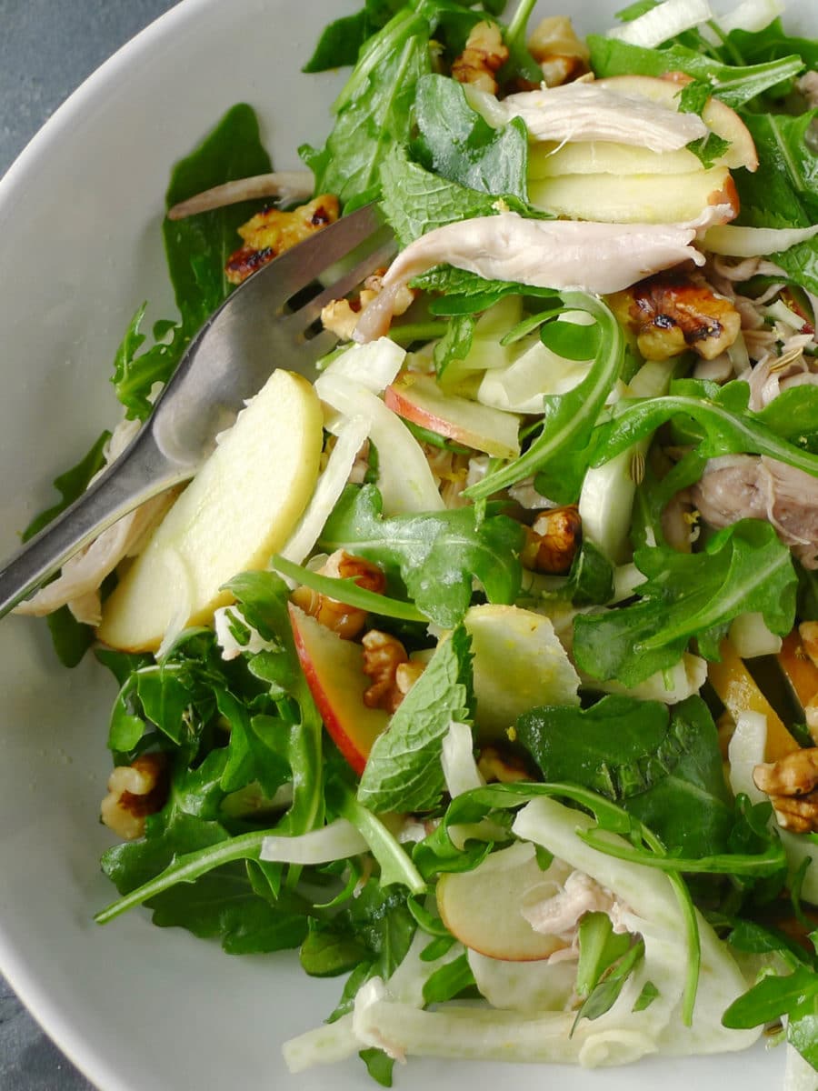 Simple Shredded Chicken tossed with a Rocket, Apple, Fennel & Walnut Salad