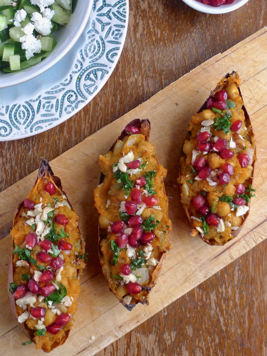 Twice baked sweet potatoes stuffed with spiced chickpeas