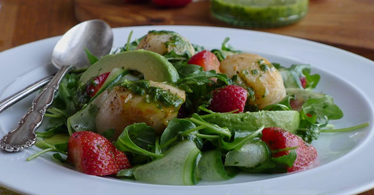 Pasta Rosa with Scallops and Strawberry Salad