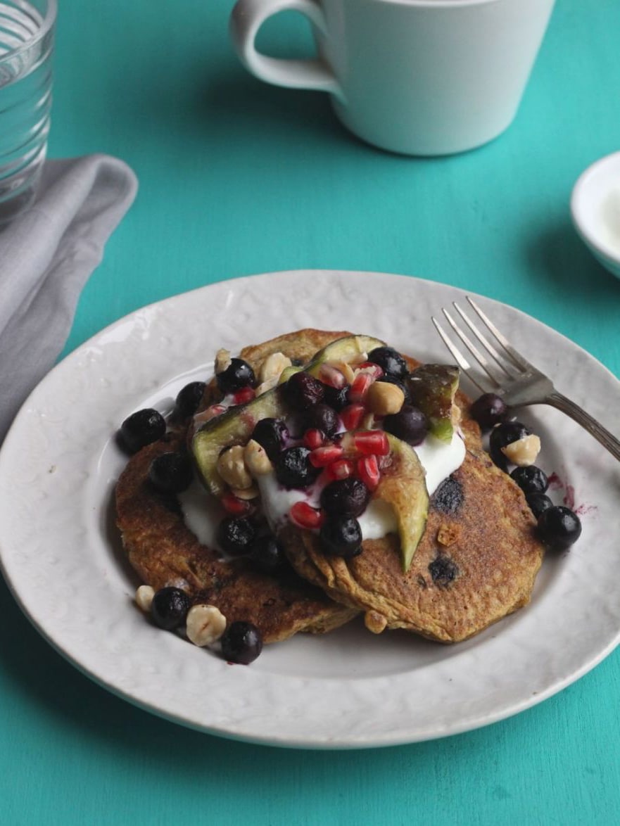 Oat & Flax Pancakes with Frozen Berries and Seasonal Fruit