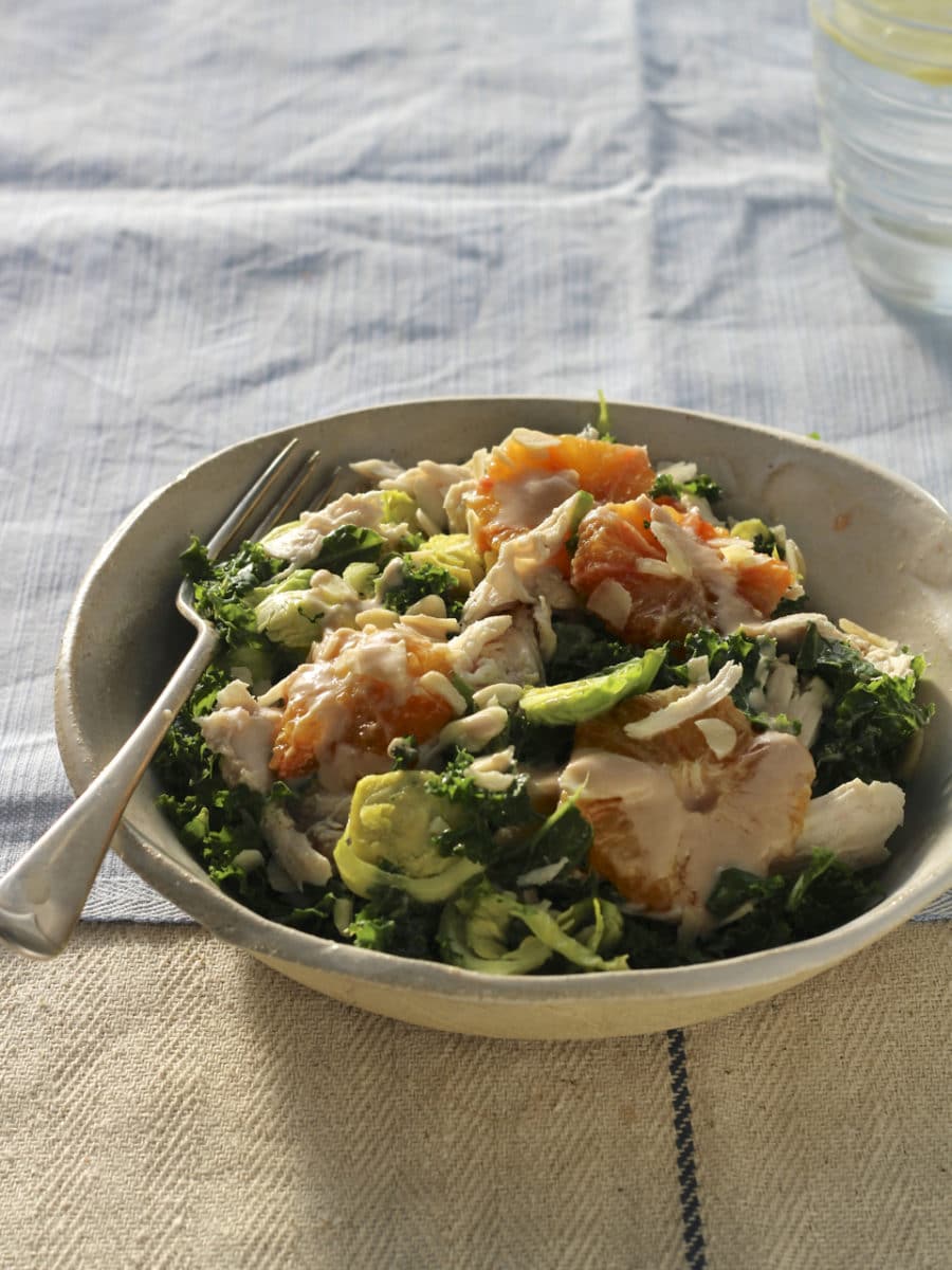 Massaged Kale and Shaved Sprouts Salad with Shredded Chicken & Blood Orange Tahini Dressing
