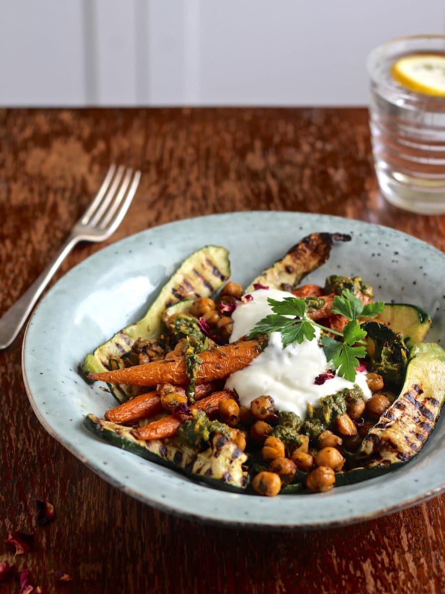 Rose Chermoula Roasted Chickpeas & Carrots with Griddled Courgettes 