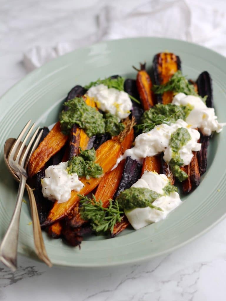 Roasted Carrots, with Carrot Top Salsa Verde and Burrata | Natural Kitchen Adventures 