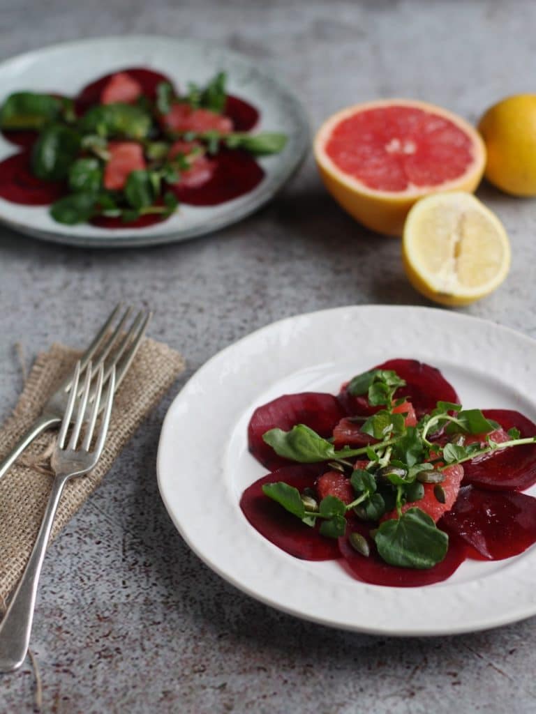 Beetroot Carpaccio with Red Grapefruit and Citrus Dressing. A light vegan starter recipe from Natural Kitchen Adventures