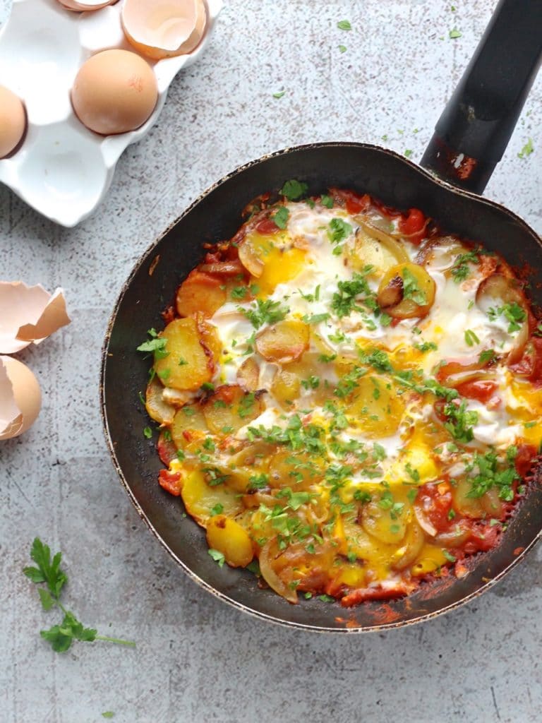 Crashed Eggs with Potatoes and Tomatoes - Ceri Jones Chef