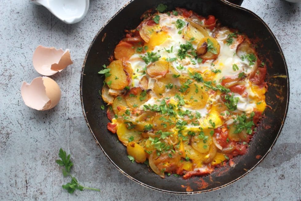 Crashed Eggs with Potatoes and Tomatoes - Ceri Jones Chef