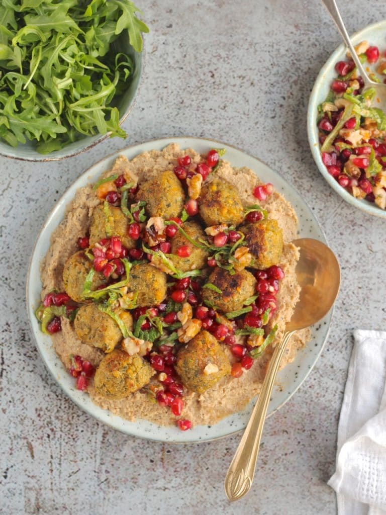 Falafel with Cauliflower Dip, Pomegranate Walnut Relish. Goodlife Falafel, gluten free, vegan | Natural Kitchen Adventures