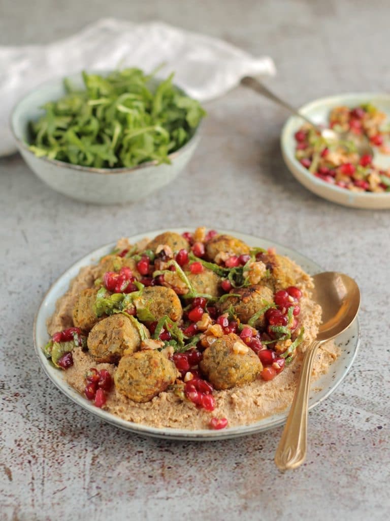 Falafel with Cauliflower Dip, Pomegranate Walnut Relish. Goodlife Falafel, gluten free, vegan | Natural Kitchen Adventures