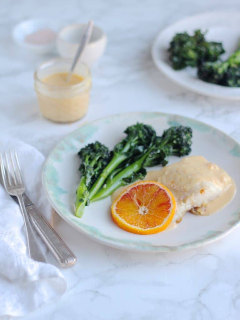 Hake with Sauce Maltaise (a blood orange hollandaise style sauce) & Purple Sprouting Broccoli | Natural Kitchen