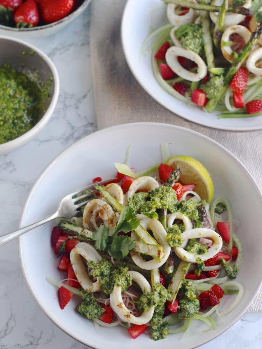 Squid Salad with Strawberries, Asparagus, Noodles & Chilli Lime Pesto