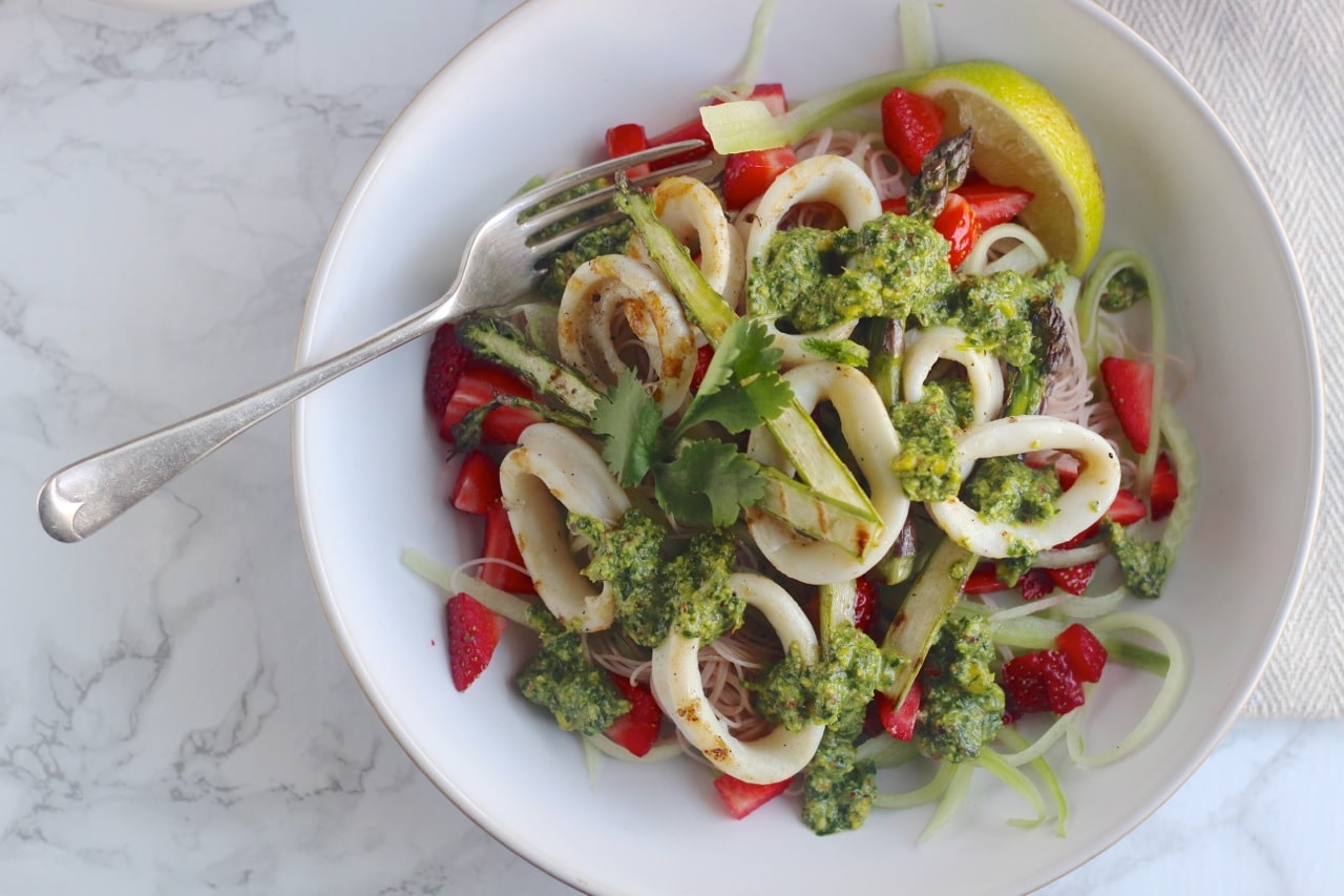Strawberry Squid Salad with Cucumber, brown rice noodles, asparagus and chilli lime pesto