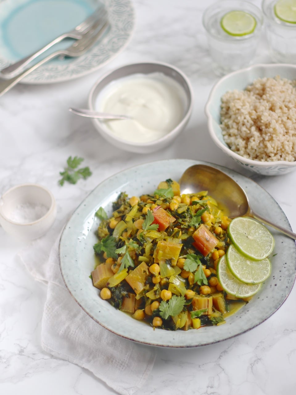 Rhubarb Khoresh with Chickpeas and Chard, A Persian stew with saffron and turmeric. Vegan, vegetarian, gluten free. Natural Kitchen Adventures