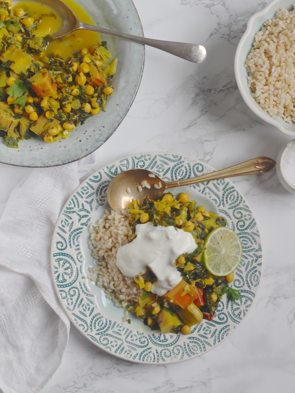 Rhubarb Khoresh with Chickpeas and Chard, A Persian stew with saffron and turmeric. Vegan, vegetarian, gluten free. Natural Kitchen Adventures