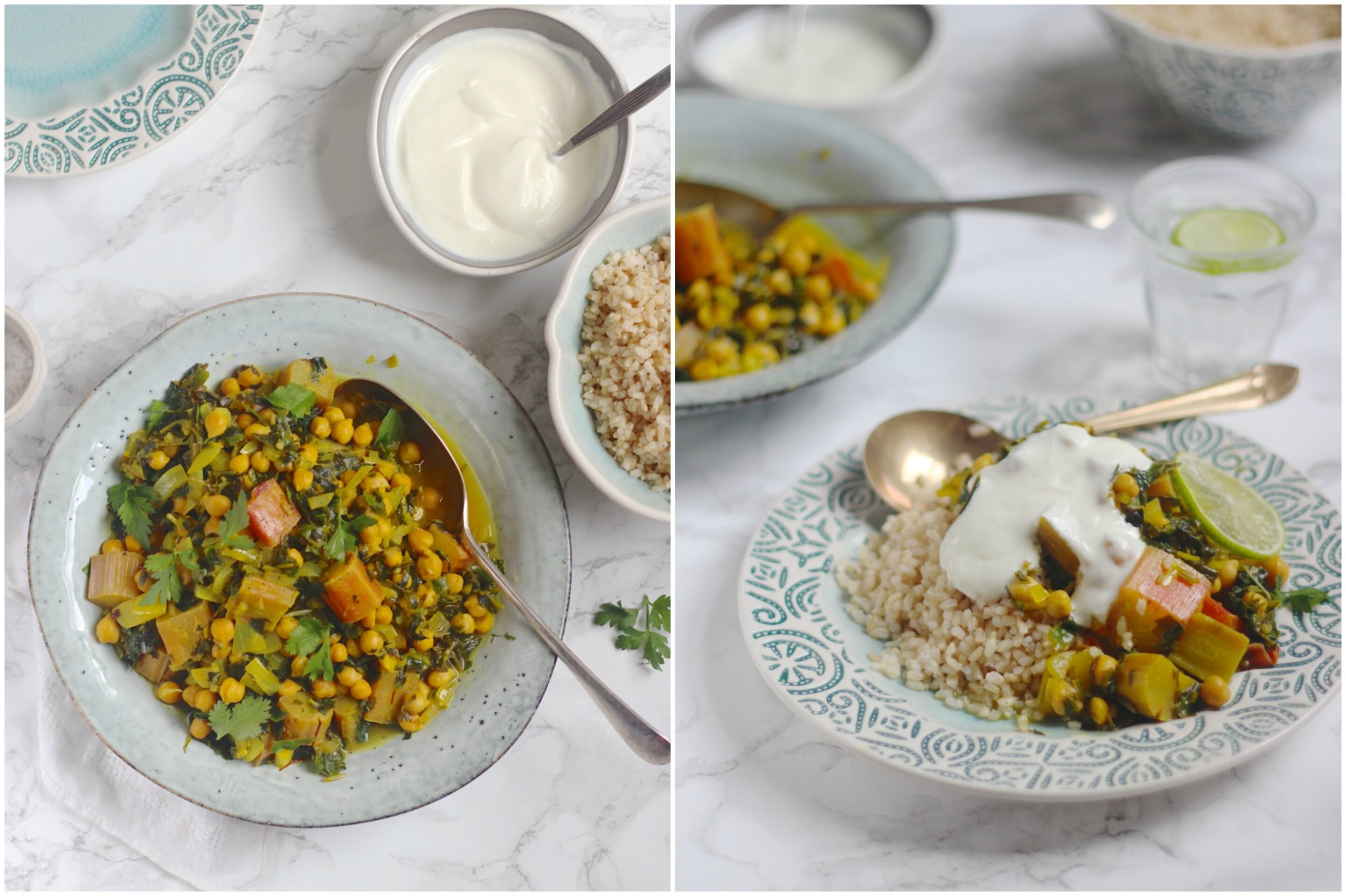 Rhubarb Khoresh with Chickpeas and Chard, A Persian stew with saffron and turmeric. Vegan, vegetarian, gluten free. Natural Kitchen Adventures