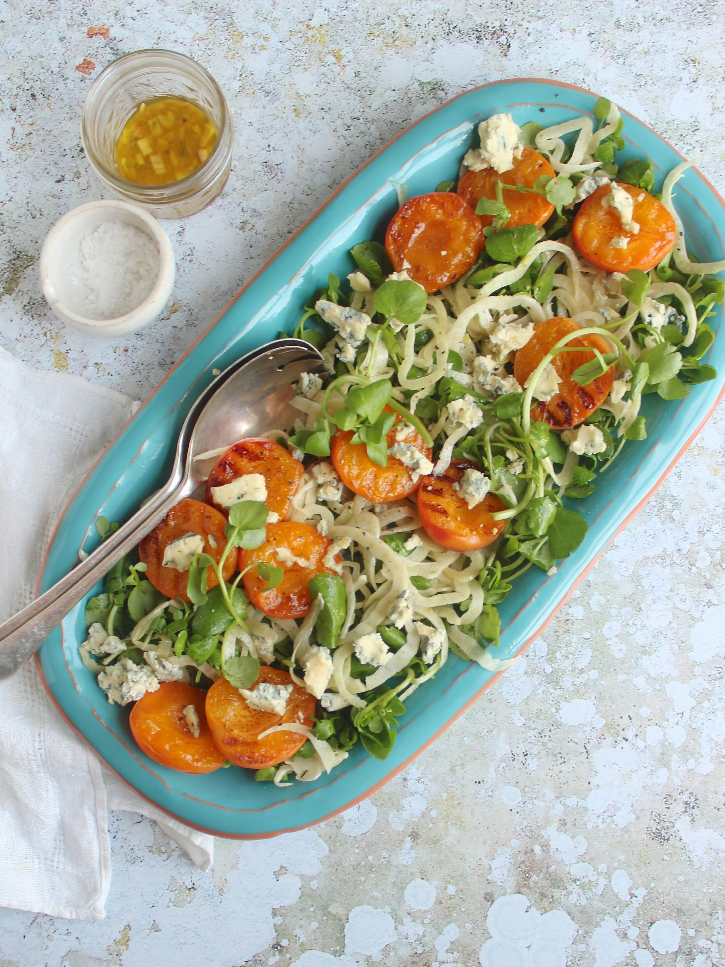 Griddled apricot salad with fennel, watercress and blue cheese, summer salad, vegetarian