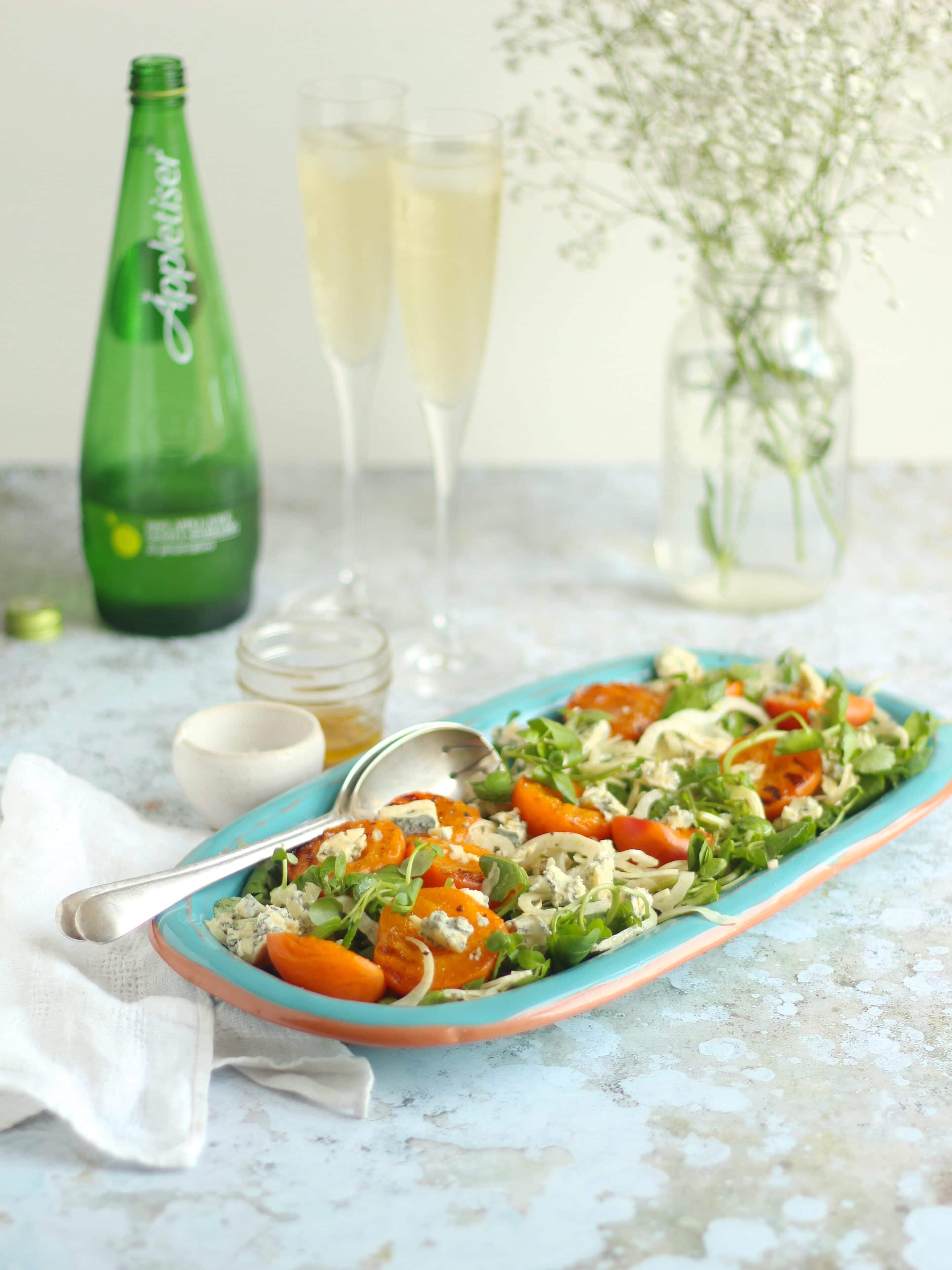 Griddled Apricot Salad with fennel, watercress and blue cheese, summer salad, vegetarian