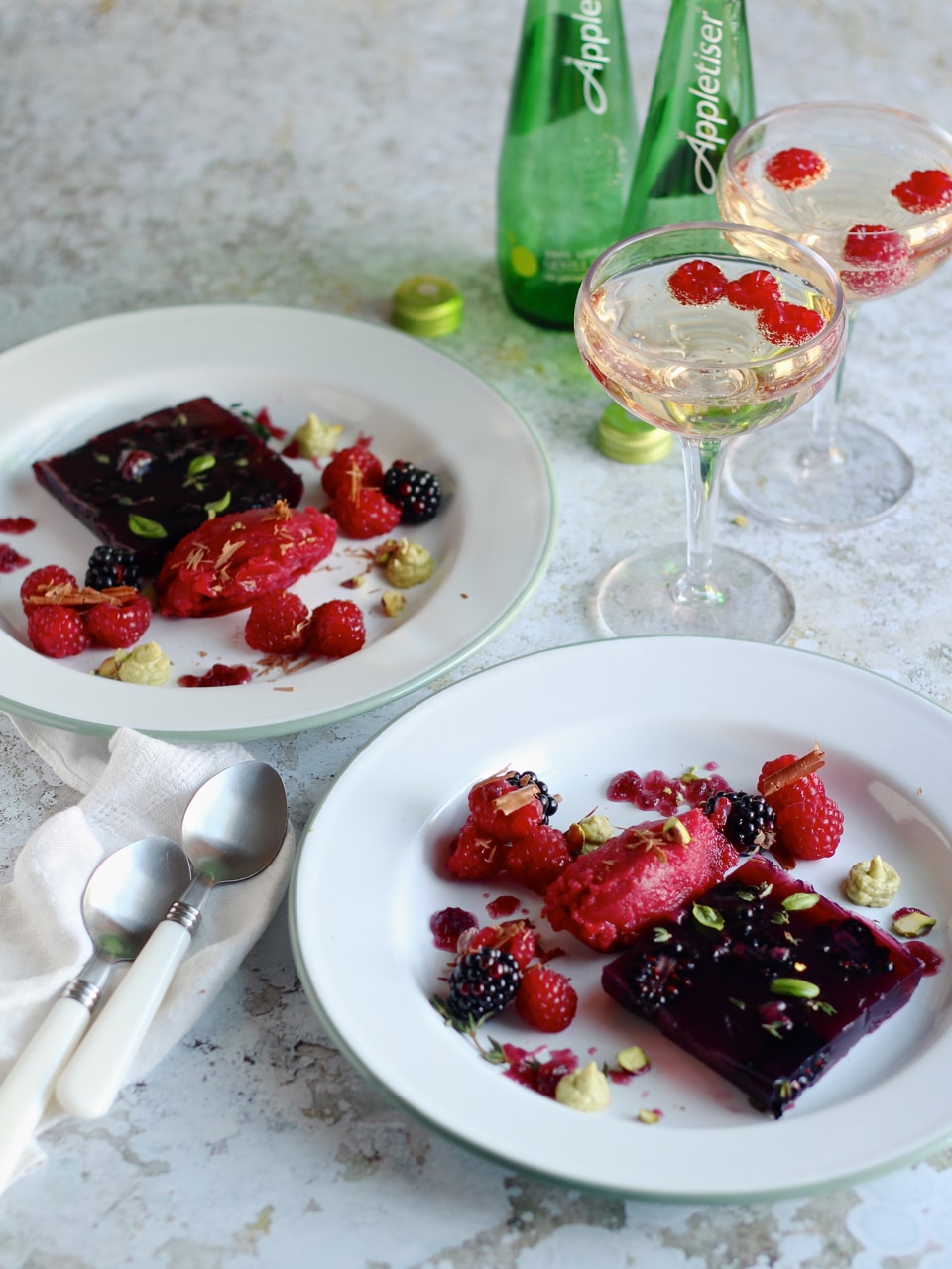 Blackberry & Appletiser Jelly | Natural Kitchen Adventures | PLus granita, berries and pistachio cream, a vegan dessert 