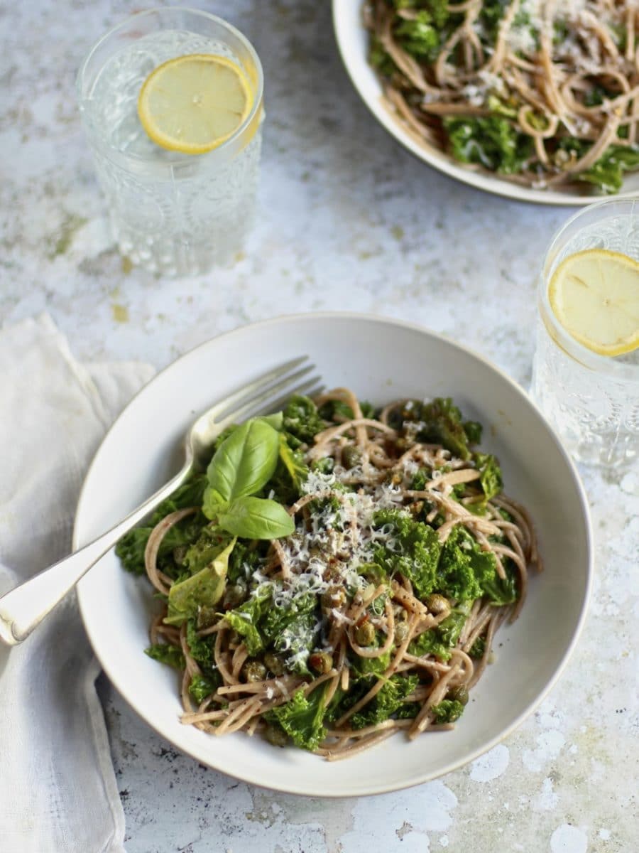 Garlicky Kale Spelt Spaghetti with Crispy Capers