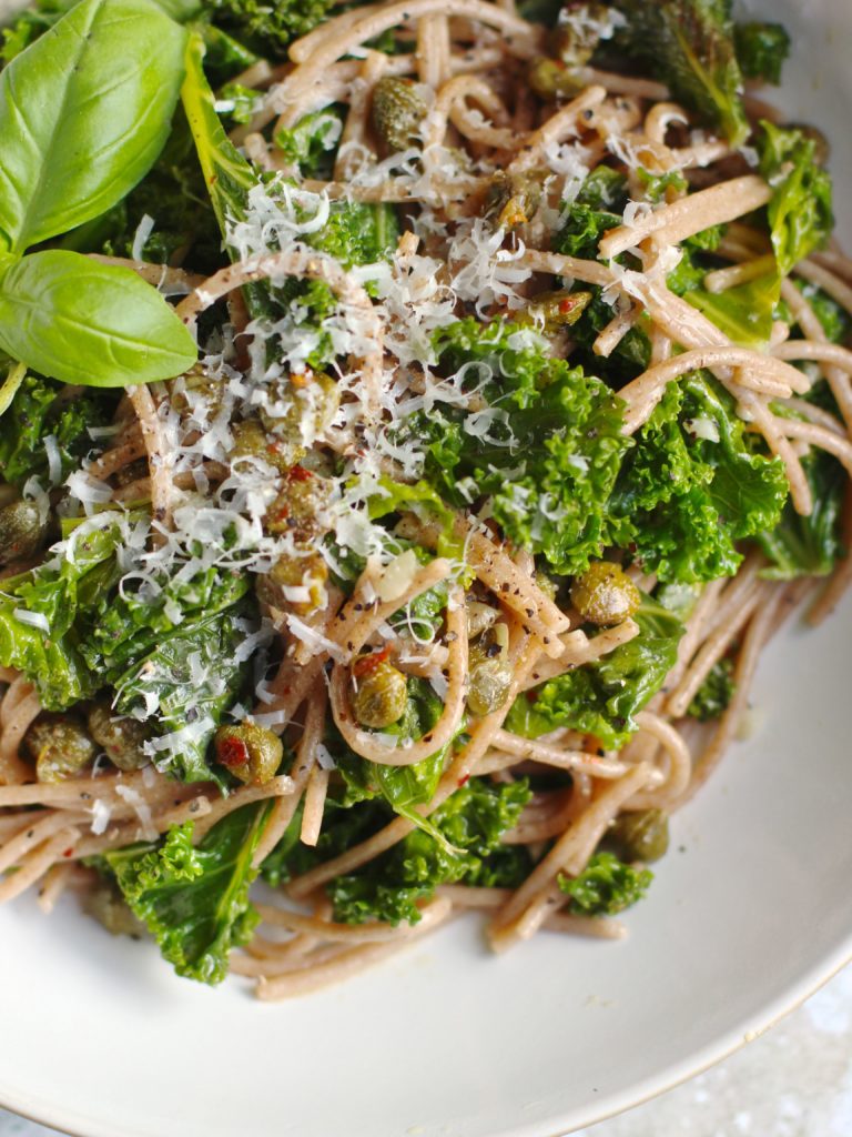 Garlicky Kale & Spelt Spaghetti with Chilli Crispy Capers, a vegetarian healthy spaghetti supper dish by Natural Kitchen Adventures 