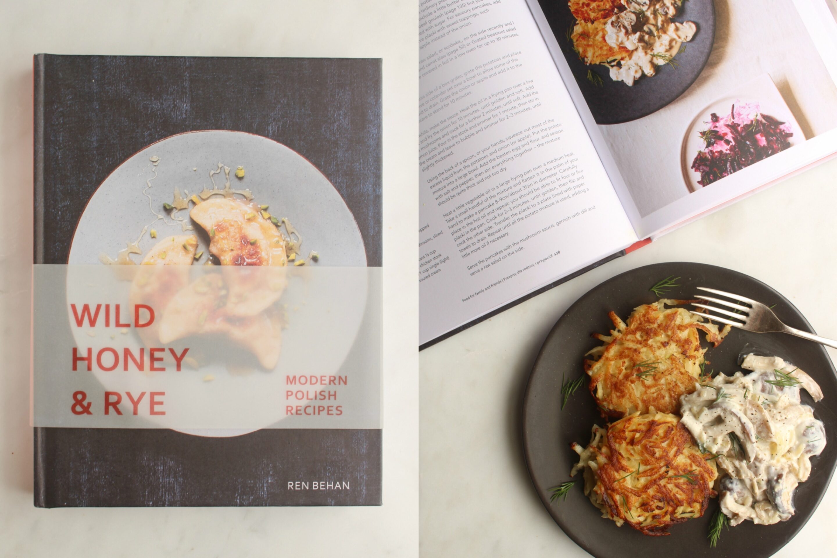 Potato Pancakes with Mushroom Sauce a vegetariian recipe from Ren Behan's Wild Honey and Rye, Modern Polish Recipes