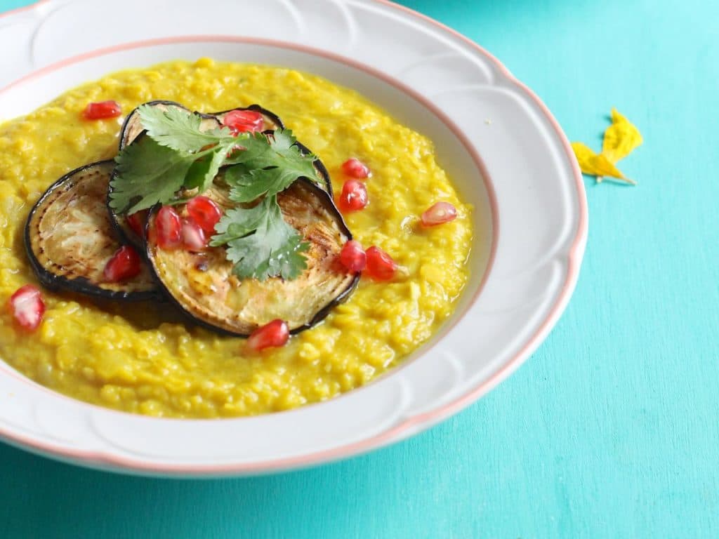 Vegan Turmeric Dhal with aubergine, coriander oil and pomegranate | Natural Kitchen Adventures