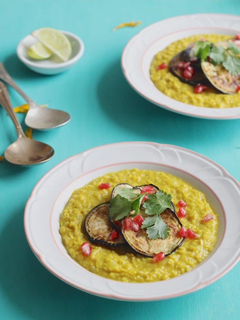 Vegan Turmeric Dhal with aubergine, coriander oil and pomegranate | Natural Kitchen Adventures