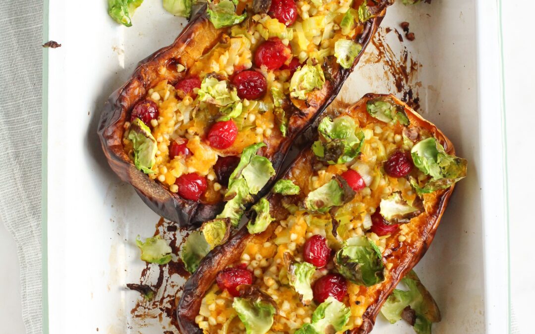 Festive Stuffed Butternut Squash with Brussels Sprout Chips Garnish