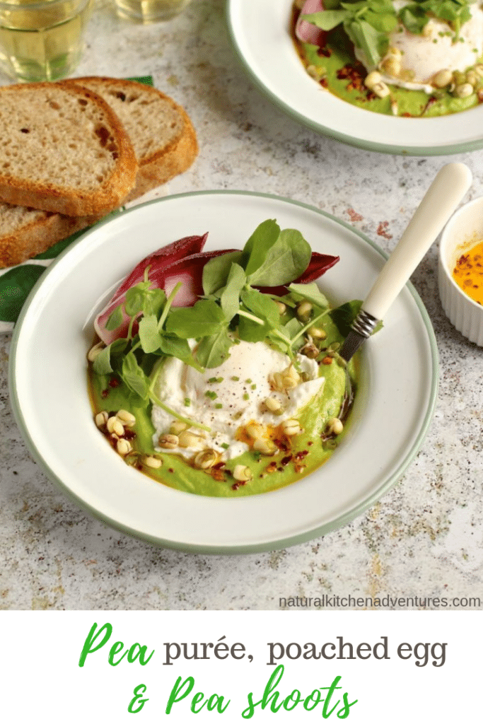 Pea puree, poached egg, chilli butter and pea shoots | A riff on Turkish Eggs | Natural Kitchen Adventures