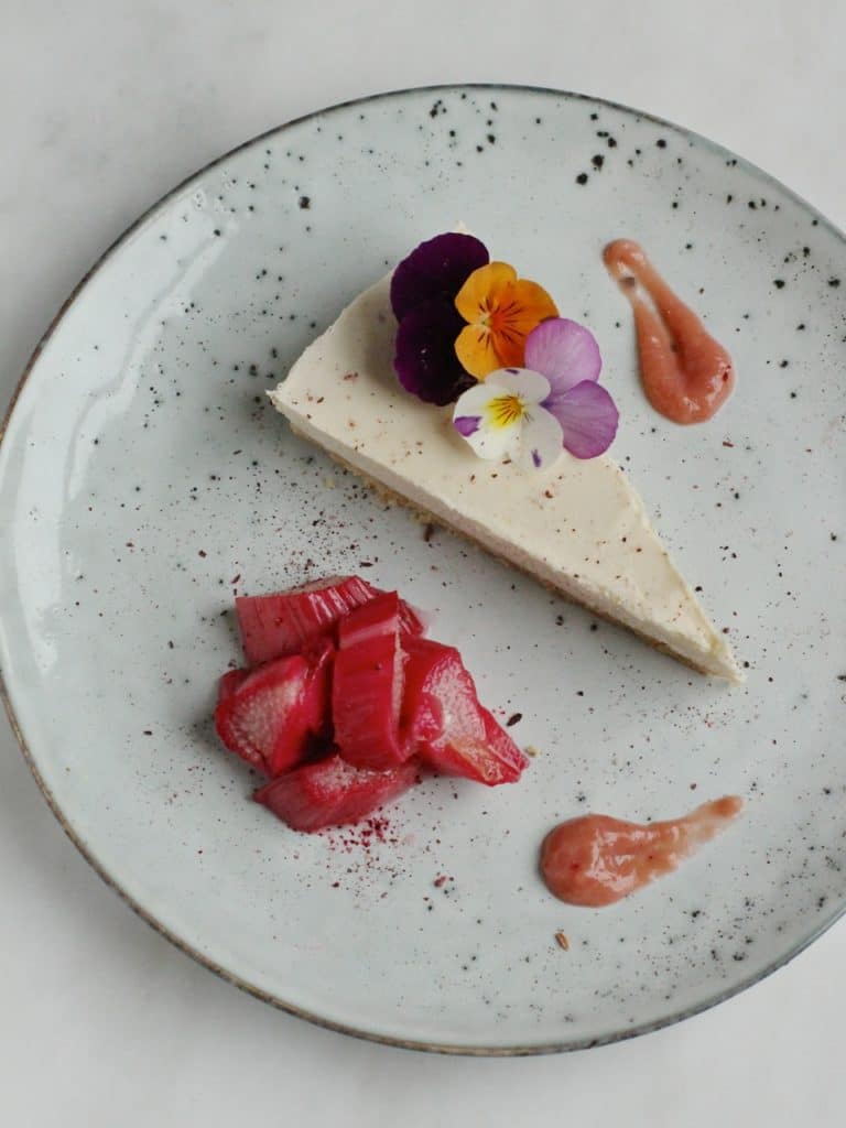 Lemon Cashew Cheesecake with Ginger Roasted Rhubarb and Rhubarb Puree | A vegan, gluten free dessert | Natural Kitchen Adventures