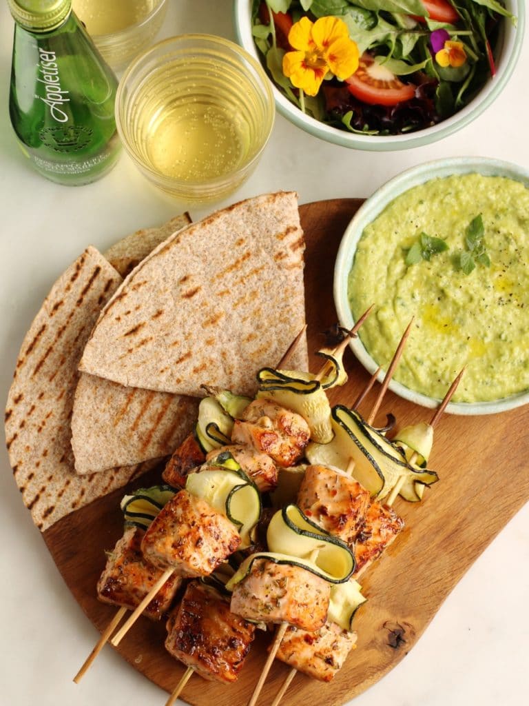 Salmon and Courgette Skewers Broad Bean Dip & Grilled Flatbread | Natural Kitchen Adventures