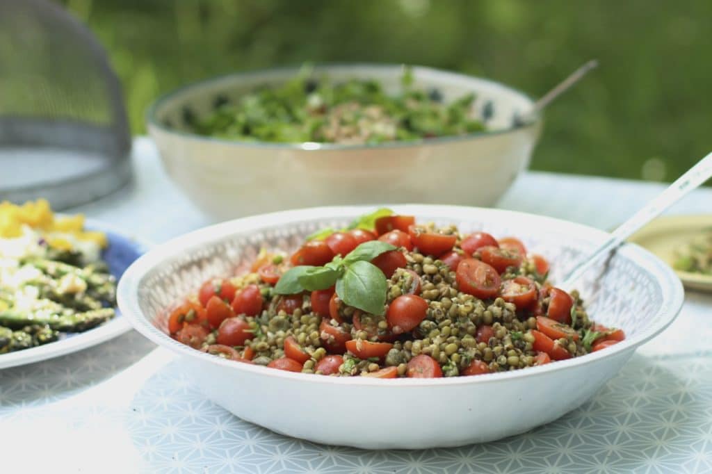 Cherry Tomato Mung Bean Salad, with Capers and Basil