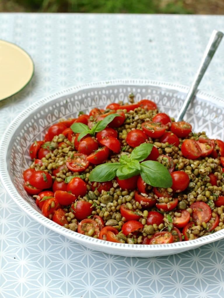 Cherry Tomato Mung Bean Salad, with Capers and Basil