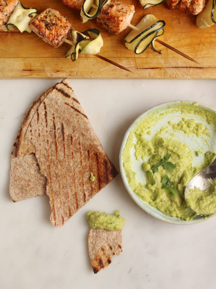 Salmon and Courgette Skewers with Broad Bean Dip & Grilled Flatbread
