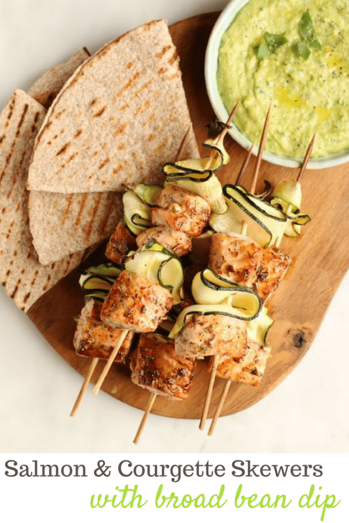 Salmon and Courgette Skewers Broad Bean Dip & Grilled Flatbread | Natural Kitchen Adventures