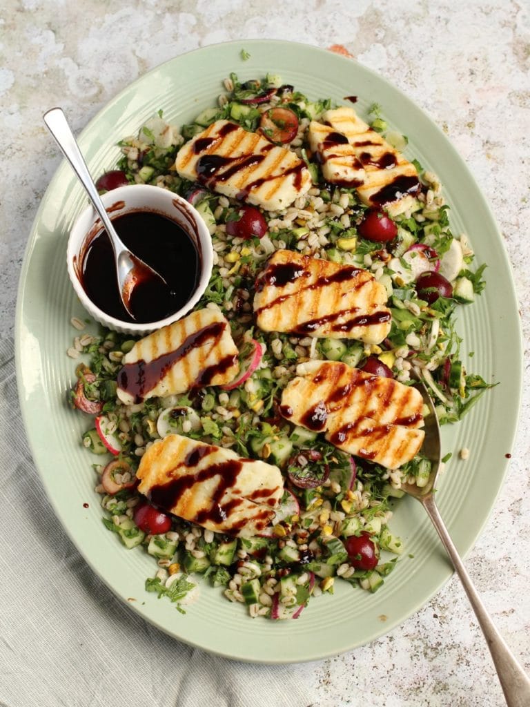 Cherry Pearl Barley Salad Halloumi | Natural Kitchen Adventures