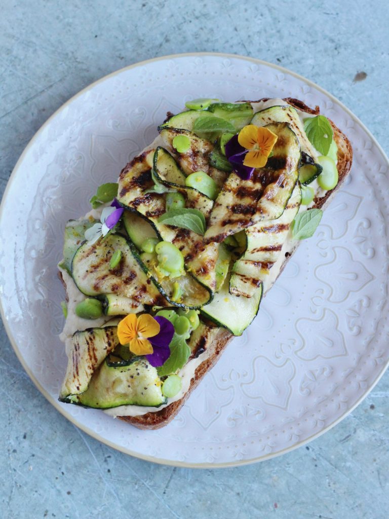 Griddled courgette, butter bean puree and broad beans