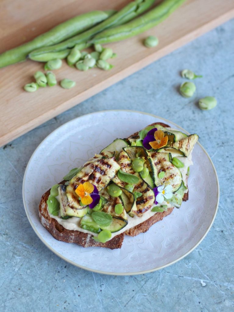 Griddled courgette, butter bean puree and broad beans