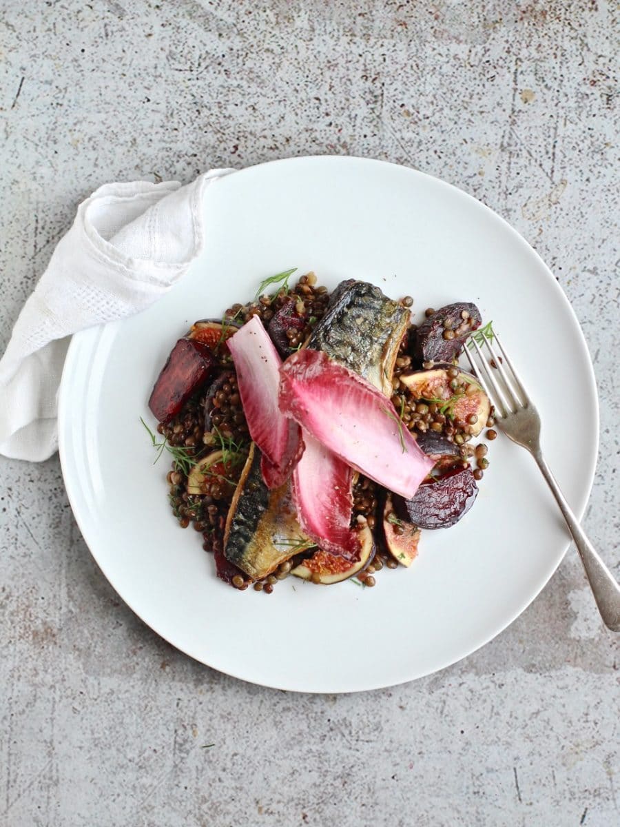 Pan-fried Mackerel with Warm Lentil, Beetroot and Figs