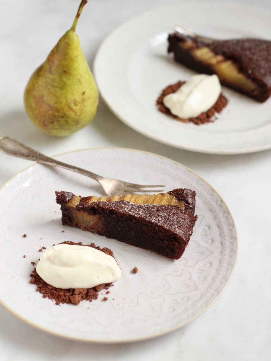 Chocolate and Pear Almond Tart with Chocolate Soil and Crème Fraîche