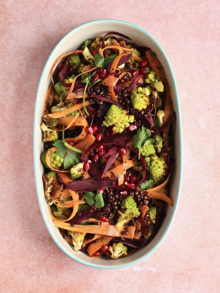 Romanesco, Beluga Lentil and Rainbow Carrot Salad - Ceri Jones Chef