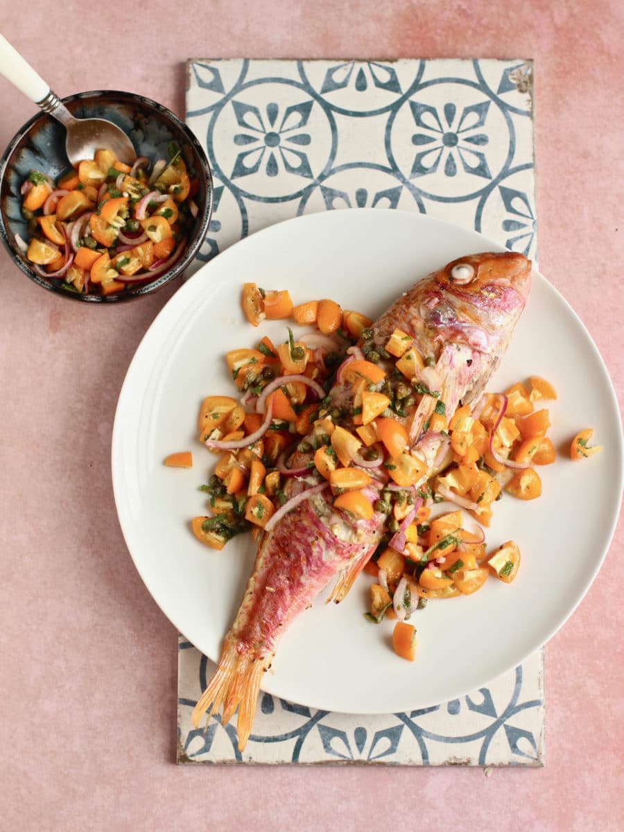 Kumquat Salsa with Baked Whole Red Mullet