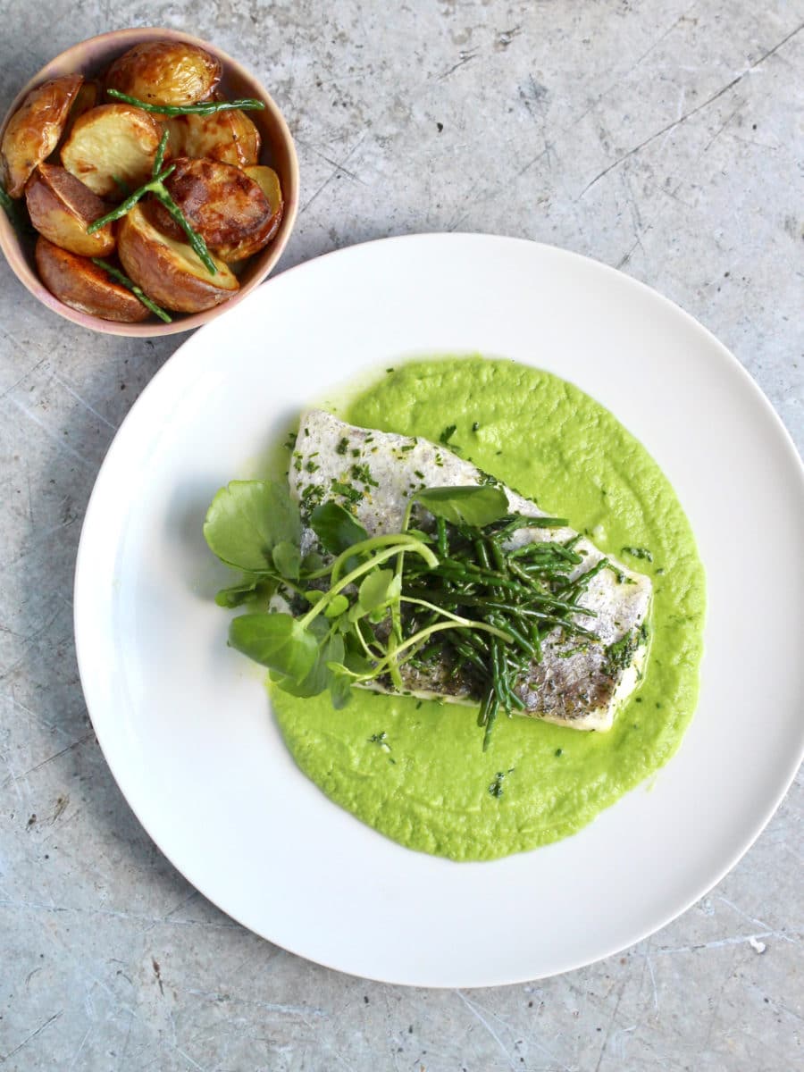 Herb Baked Fish with Pea Purée, Samphire & Shoots