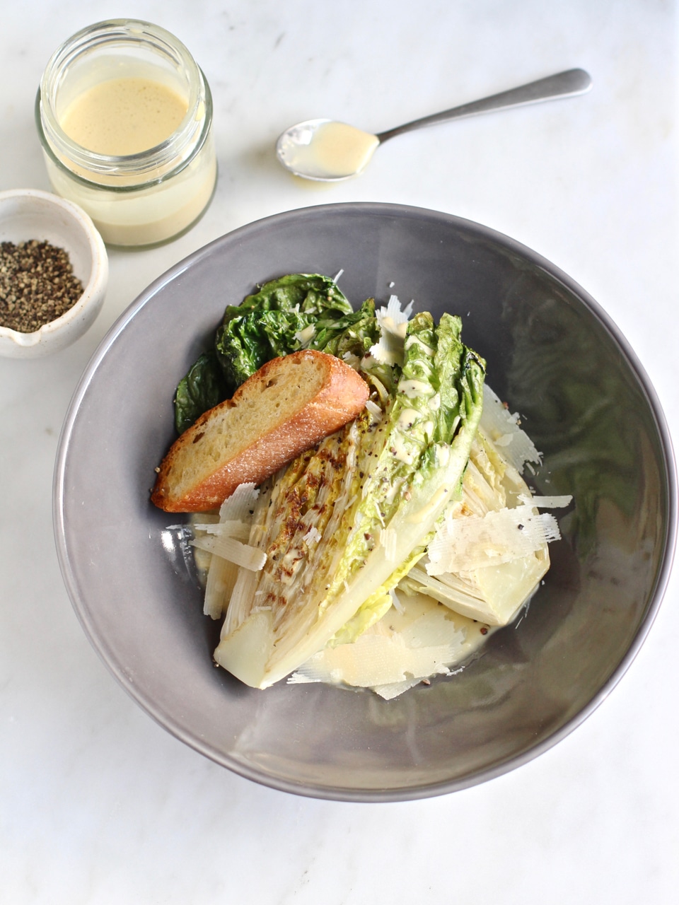 Griddled Gem Lettuce with lemony Caesar dressing giant crouton and shaved Parmesan | Natural Kitchen Adventures