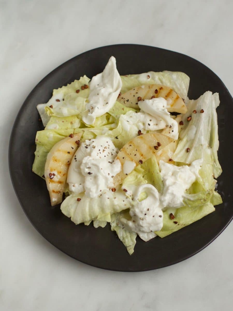 Griddled pear, Castelfranco and burrata salad with yoghurt dressing and toasted buckwheat