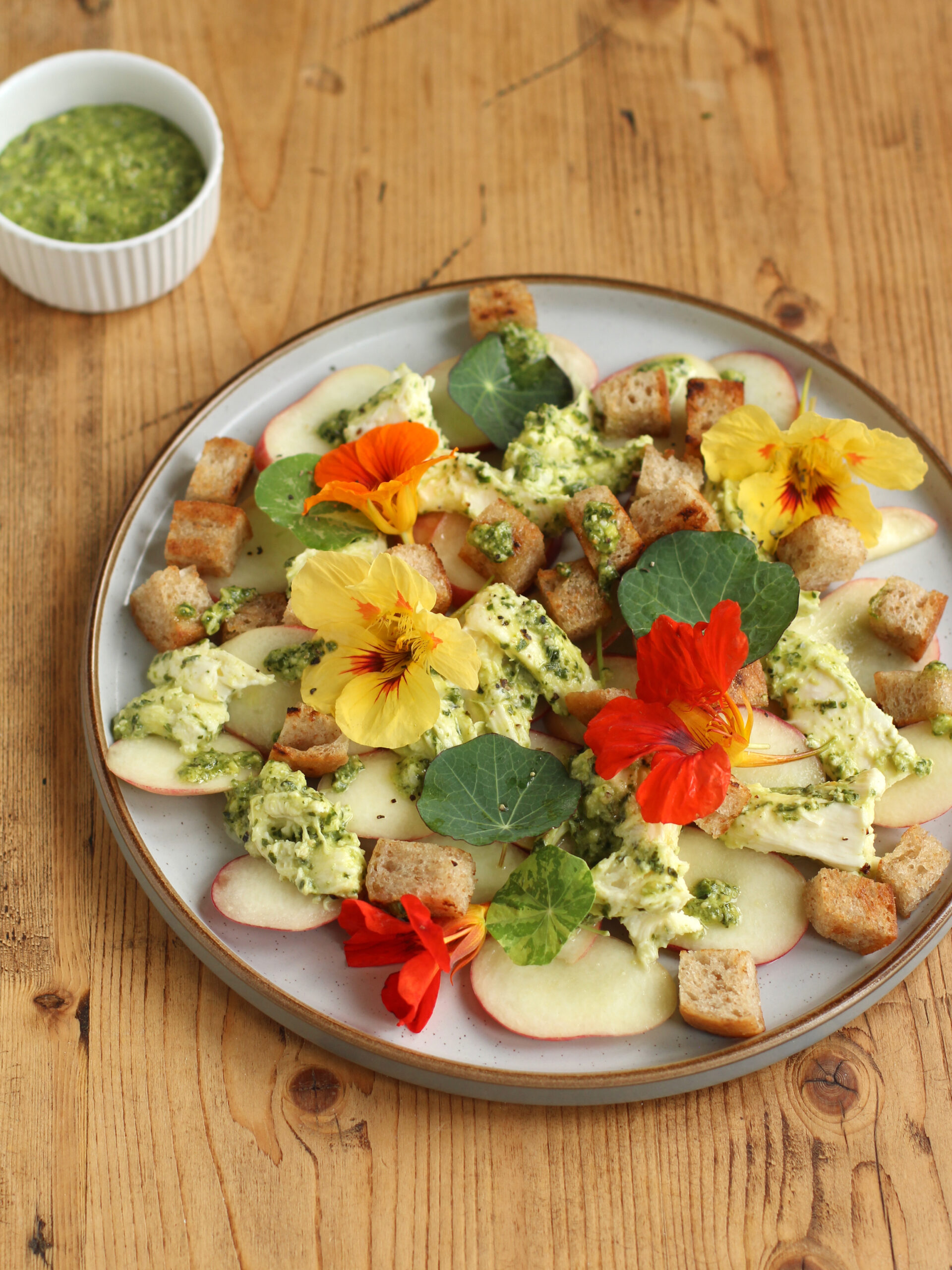 Nasturtium pesto, peach and mozzarella salad