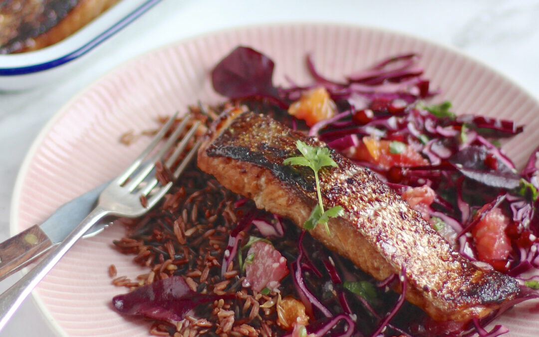 Red Cabbage and Citrus Slaw with Sticky Pomegranate Trout