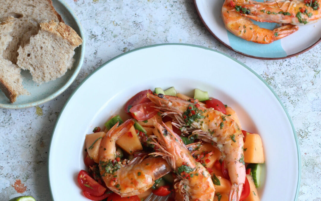 Cantaloupe Melon Salad with Tiger Prawns & Chilli Coriander Dressing